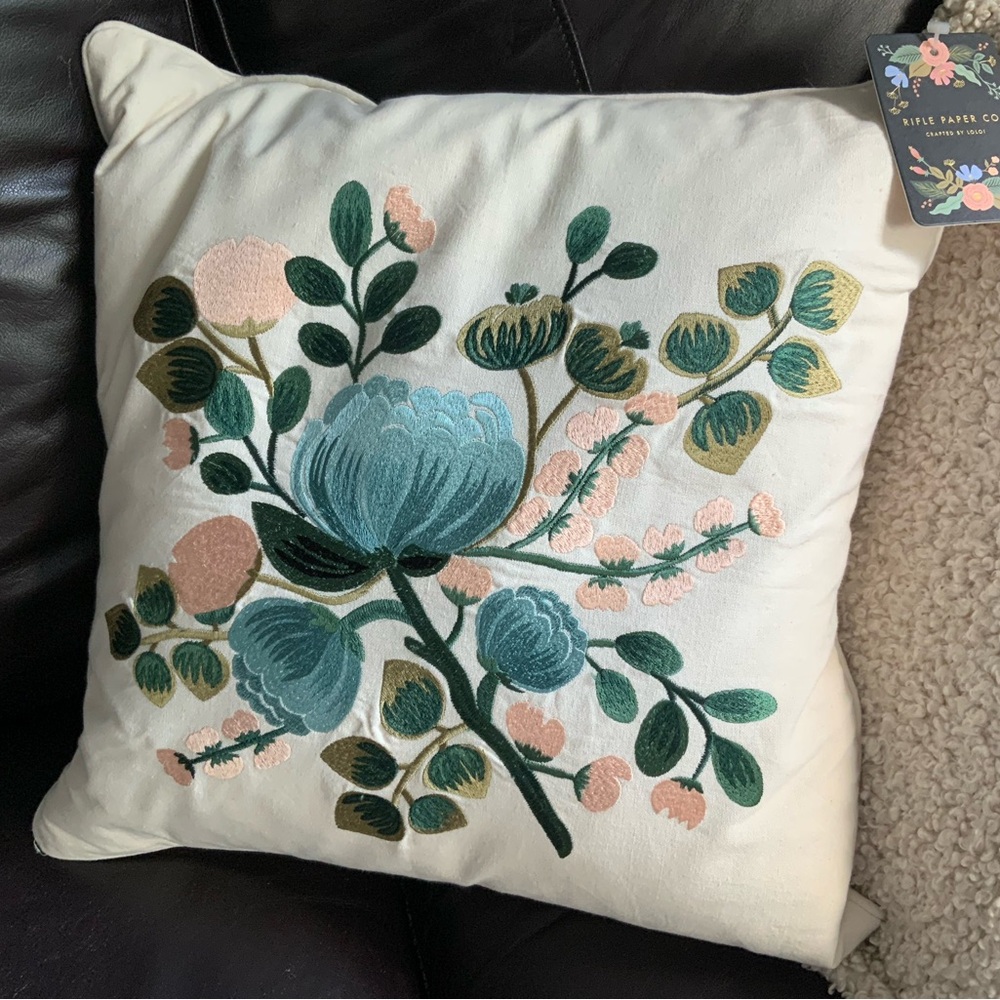 Rifle Paper Co. Cream Pillow with Green and Pink Floral Design